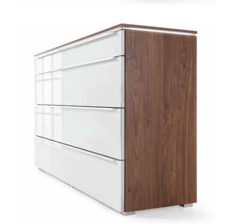 Ladekast 160 cm breed,4 laden, noten, wit, glas, nolte meubel