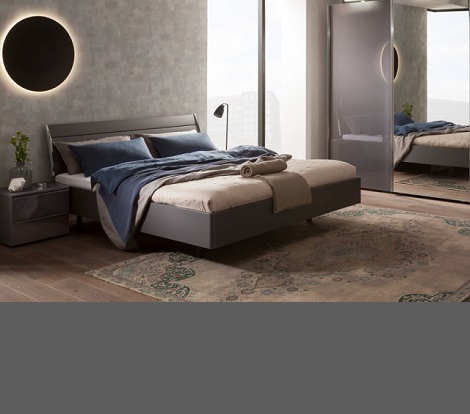 Bed Sonyo grijs, tweepersoons allegro nachtkast, laden, schuifdeurkast met spiegel